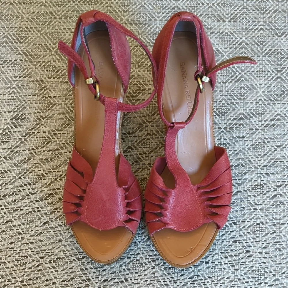 Women's Red Leather Cork Wedge Sandals